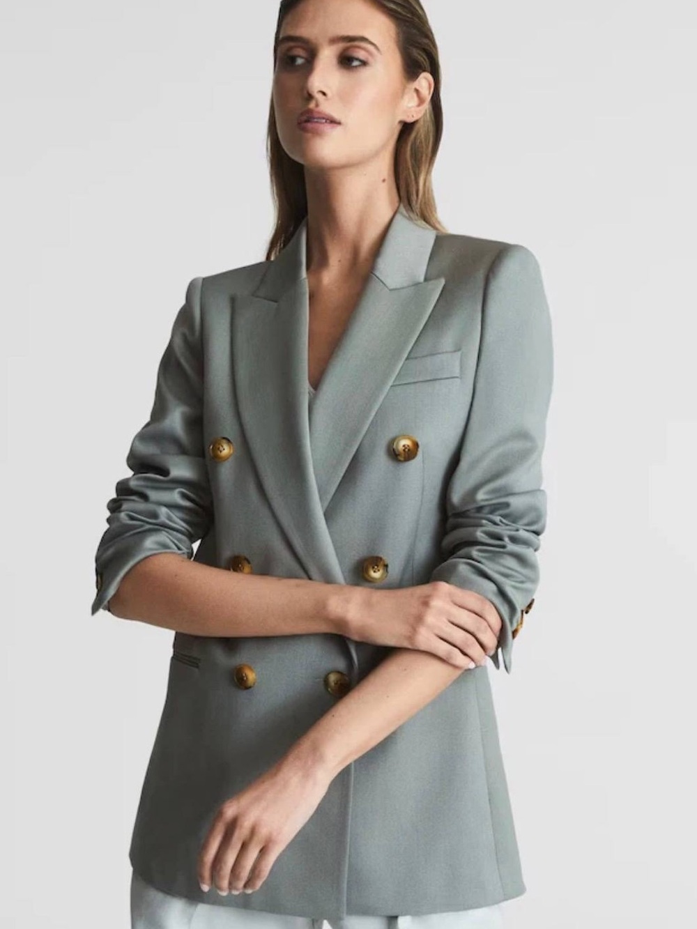 Reiss Double-Breasted Tailored Blazer in Sage Green Small